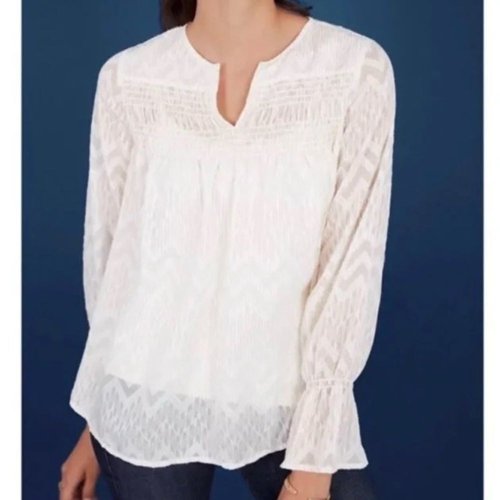 Maette by Stella & Dot Lyla Gold Shimmer Boho Sheer Long Sleeve Blouse Small NWT